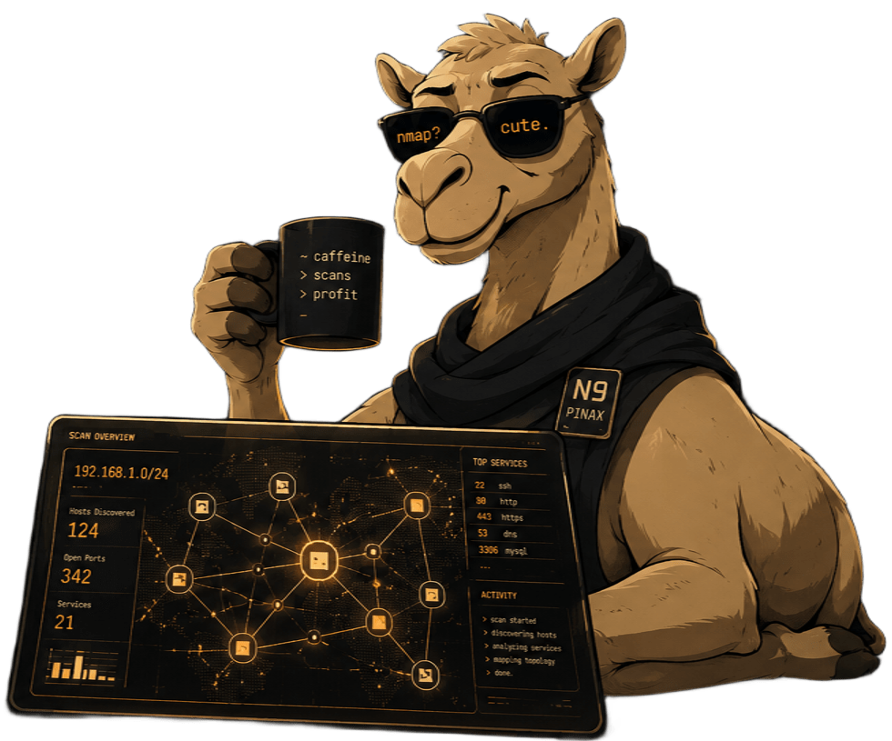 N9pinax mascot — a cool camel in a tactical vest holding a coffee mug
